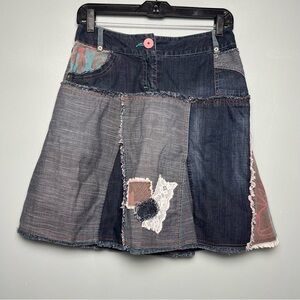 Promod Patchwork Denim A-Line Pleated Knee Length Jean Skirt Women’s Size 6